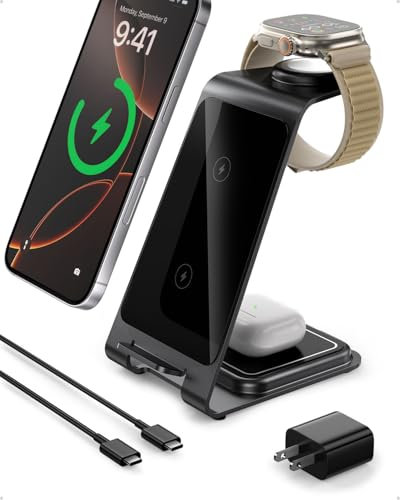 Induktive Ladestation Kompatibel mit Magsafe Ladegerät für iPhone 16 Pro/16/16 Pro Max/15 Pro/15/15 Pro Max, für Apple Watch 10/Ultra 2/SE/9/8/7/6/5/4/3/2, für AirPods 4/3/2/Pro (Grau)
