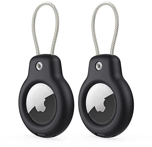 SPGUARD Kompatibel mit Apple AirTag Anhänger Secure Halter mit Kabel, 2er Pack Air Tag Lock Case Schlüsselanhänger Schlüsselring Hülle Gepäckanhänger für Schlüssel, Gepäck & mehr (Schwarz&Schwarz)