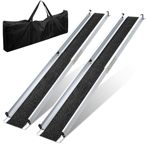 Herrselsam Rampa telescópica de aluminio para silla de ruedas, 2 unidades, 121-213 cm, ajustable, antideslizante, para escaleras y usuarios de sillas de ruedas, hasta 300 kg de capacidad de carga