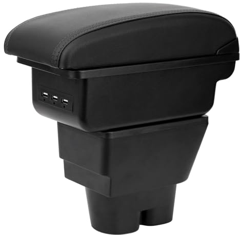 YJYWZH Armlehne für Peugeot 207 207CC Mittelarmlehne mit USB | 2 USB+1 USB-C,Doppelstauraum,Verschiebbare Armauflage,PU-Leder,Einfache Montage,Mittelkonsolen Armlehne,Schwarz