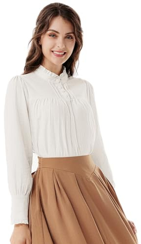 Victorian Blouse Renaissance Shirt Women Long Sleeve Casual Loose Tops White S