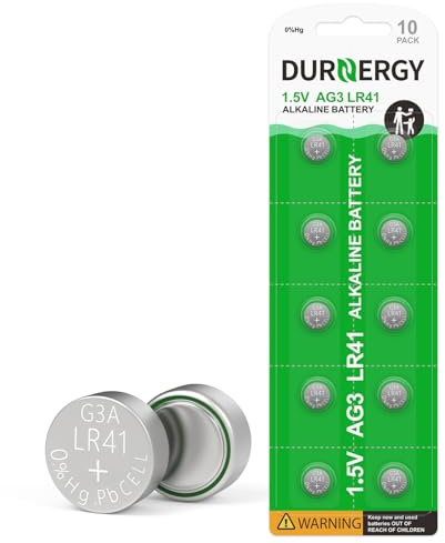 DURNERGY LR41 Batteries 10 Pack, 384 392 Watch Battery 1.5 Volt Alkaline Battery, AG3 Button Cell Batteries