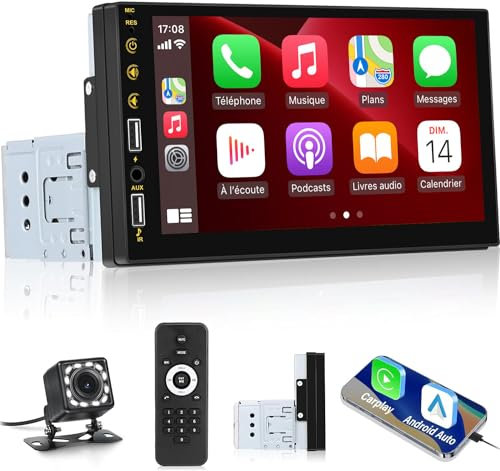 Radio Pantalla 1 DIN con carpely y Android Auto - 7 Pulgadas Radio Coche Bluetooth Pantalla - Mirror Link Streer Wheel Control Bluetooth 7 Color retroiluminación FM + cámara Trasera y micrófono
