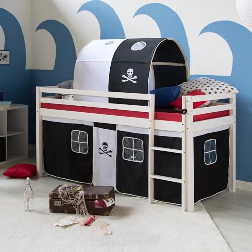 Homestyle4u Kinderhochbett Pirat 90x200 cm Weiß - Holzbett mit Matratze | Spielbett inklusive Lattenrost, Tunnel & Leiter - Schwarzer Vorhang - Massivholz Kinderbett mit Absturzsicherung