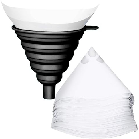 Eruceky 50 Pz Vernice Filtri Carta Fine Monouso Filtri con 1 Filtro a Imbuto in Silicone, Imbuto Pieghevole in Silicone Setaccio, per Riempimento liquido in Polvere Trasferimento olio