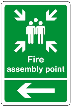 Fire assembly point arrow left sign - safety sign - business signs, carpark safety signs - 1.2mm Rigid plastic for indoor/outdoor usage (300mm x 200mm) Viewing Distance within 7m.