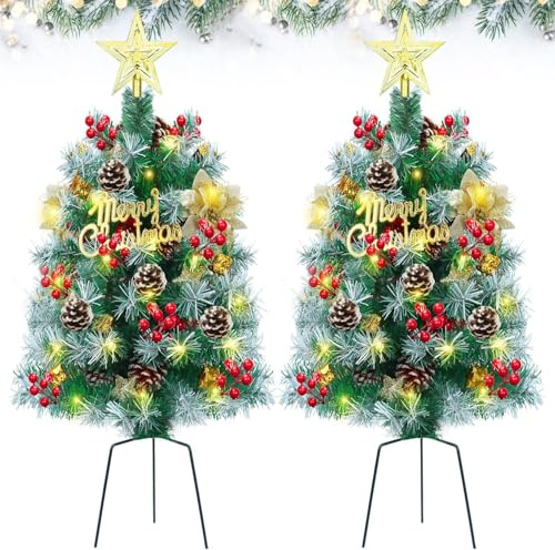 2 Pack Outdoor Pathway Christmas Trees, 69cm Battery Operated Pre-Lit Artificial Xmas Trees with 120 LED Lights, 8 Flash Modes, Pine Trees for Porch Driveway Yard Garden Decor