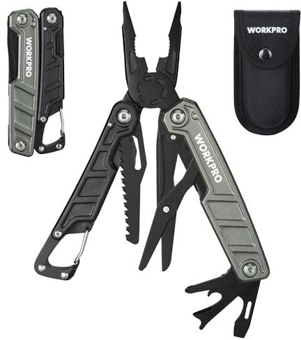 WORKPRO 11-in-1 Multi-Tool Pliers with Carabiner and Sheath, Stainless Steel Multi Tool with Carrying Bag, Scissors, Bottle Opener, Saw, Screwdriver, Carabiner for Camping