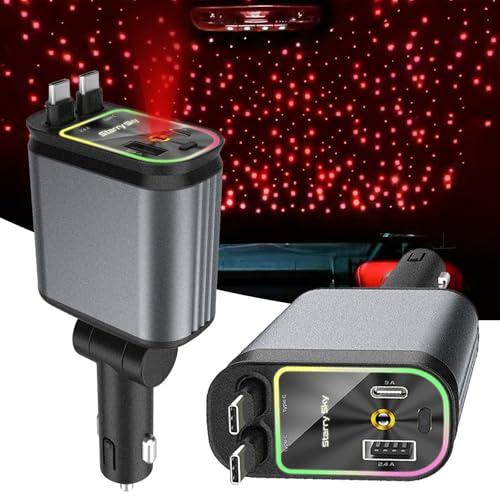 Zigarettenanzünder USB C Auto Ladegerät, Einziehbares 4 in 1 Aufrollbares Autoladegerät, Starlight im Autodach USB Auto Adapter, KFZ Ladegerät 12V 24V USB Schnellladung Auto Zubehör Innenraum (C+C)