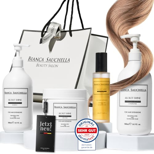 Bianca Sauchella Secret Shine Set – Arganöl Shampoo, Conditioner, Haarmaske & Haaröl mit Collagen & Vitamin B3 – Pflege für glänzendes Haar & Echthaar-Extensions, parabenfrei