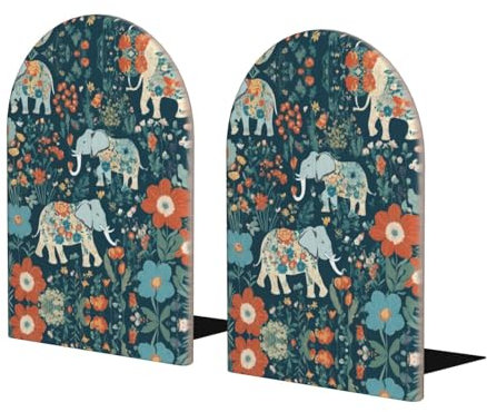 Wunderschönes Wiesenmuster mit floralem Elefant in Buchstützen für Regale, robuste Buchstützen und Schreibtisch-Organizer, Buchstopper für Bücher/Filme