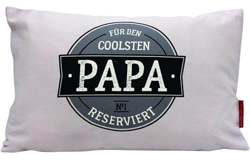 Dekohelden24 Zierkissen - Sofakissen, Kuschel Kissen als Dekokissen - Kopfkissen - Für den coolsten Papa No.1. reserviert, in grau/blau - L/B/H ca. 40 x 13 x 23 cm, 100% Baumwolle.