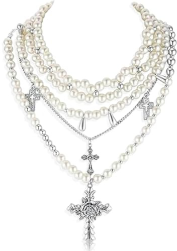 AOWVUTS Women’s Multi Layered necklace Lady White Pearls Chain Beaded Necklace with Cross Pendant Costume Jewellery Punk Gothic Vintage Pearls Beaded Choker Jewellery Set