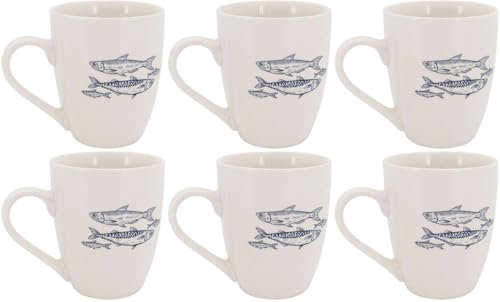 AUBRY GASPARD - Tasses Porcelaine Lot de 6 - Décor Poissons Blanc Bleu - Ø 8,5 cm x H 10 cm - 320 ML - Compatible Micro-Onde Lave-Vaisselle - Thème Marin Ambiance Bord de Mer