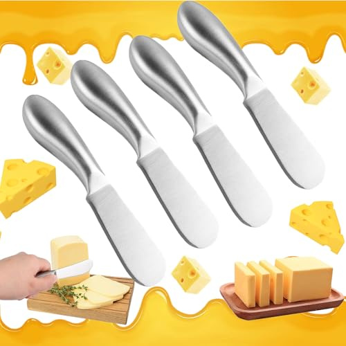 Zeaying 4 Pièces Couteau à Beurre,Petit Couteau Beurre en Inox,Couteau à Fromage,Epandeur de Beurre,Couteaux à Tartiner Multifonctions avec Poignée Ergonomique pour Crème, Beurre, Confiture (Argent)