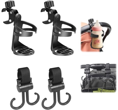 kiptyg Portavasos para Cochecito 2 Piezas, con 2 Ganchos para Cochecito, Portavasos para Cochecito con Rotación de 360 Grados, para Carritos
