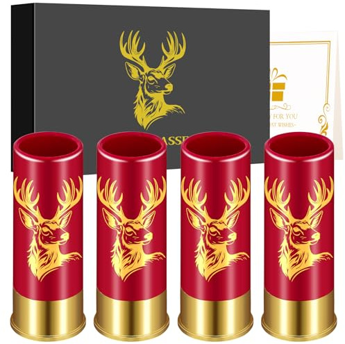 Set di 4 bicchieri da shot con testa di cervo inclinata con confezione regalo per uomo e donna, festa di matrimonio, festa del papà, regali per cacciatori, caccia al cervo 12GA 45 ml, rosso