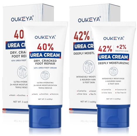 OUKEYA Crema Piedi 40% Urea & Crema 42% Urea + 2% SA, Trattamento Intensivo Riparatore per Piedi, Talloni e Mani Secchi e Screpolati, Esfoliante e Idratante Profondo, 2x85g
