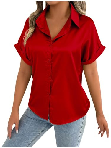Dyhxuan Blusa para mujer, elegante, monocolor, satén, seda, manga corta, camisa de verano, cuello de pico, blusa de verano, elegante, para negocios, blusas sueltas, rojo, M