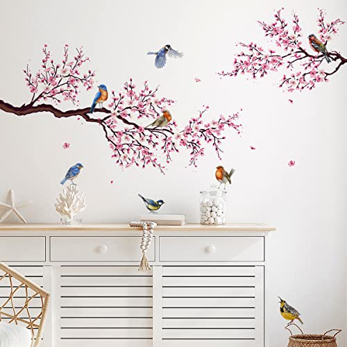 LOONELO Kirschblüten-Wandaufkleber, doppelseitig, Sakura & Vögel, Frühling Sommer, abnehmbare Fensteraufkleber, zum Abziehen und Aufkleben, Glasaufkleber für Schlafzimmer, Wohnzimmer, Küche, Büro