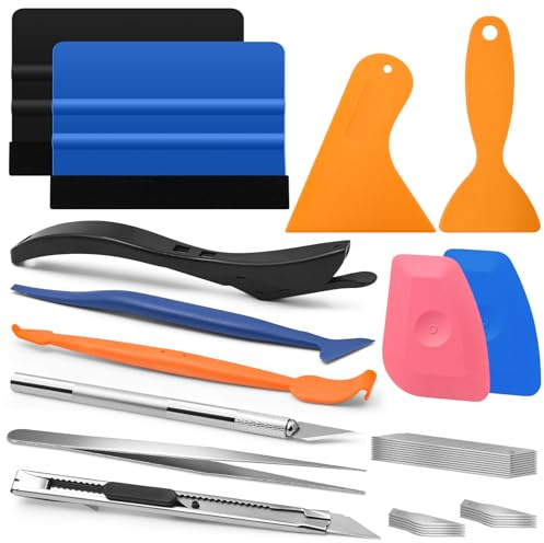 Celepoir 33 Stück Auto Folierungs Werkzeug Kit, Rakel für Folie Set | mit 2 Filzrakel, 4 Härte Rakel, 2 Mikro Rakel, 1 Folienschneider, 2 Schnitzmesser & 20 Schnitzklingen, für Tönungsfolie Auto