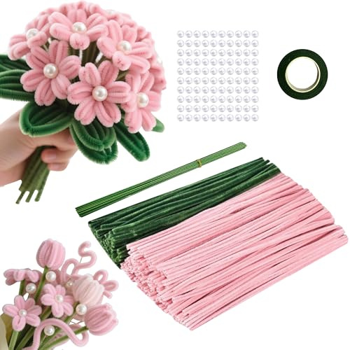 220 Stück Pfeifenputzer zum Basteln, 2 Farben Pfeifenreiniger Blumen, mit Blumendraht,Perlen für Blumenstrauß DIY Basteln,Bunt Plüschdraht DIY Craft Projekte Tulpe(Rosa,Grün)