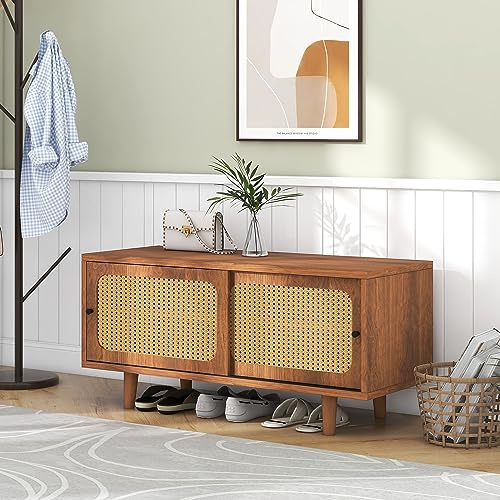 Crlnaup Zapatero de ratán con 2 puertas con estante ajustable, color nogal, elegante zapatero para pasillo, salón y dormitorio, 104 x 40 x 48 cm