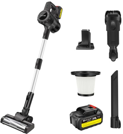 DayPlus Aspirador con batería de 500 W con 2 baterías de 3,0 Ah, succión potente de 15.000 Pa, 65 minutos de autonomía, aspiradora ligera con cepillo giratorio para alfombras, suelos duros y pelo de