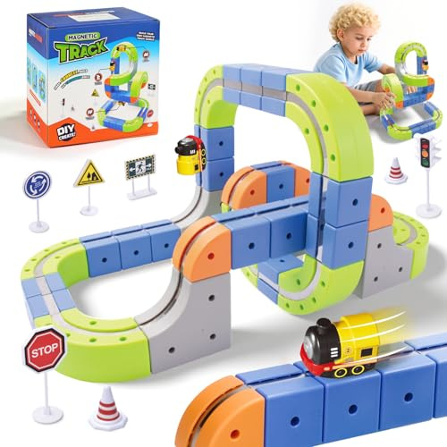 Aotonow 69-teiliges elektrisches magnetisches Zugbahn-Set – DIY-Rennwagen-Bausets mit Zug- und Verkehrszeichen, STEM-Spielzeug für Kleinkinder und Kinder, Jungen und Mädchen im Alter von 3–8 Jahren