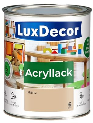 LuxDecor Acryllack 750ml Glänzend (06) Sandsturm Holzlack Buntlack Spielzeuge Metall Möbel Fenster Sicher Kindermöbel Spielzeuge