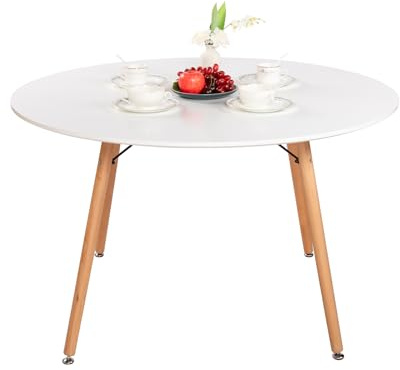H.J WeDoo Runt matbord 120 cm, modernt skandinaviskt köksbord, bokträ fotbord för vardagsrum eller kök, vitt