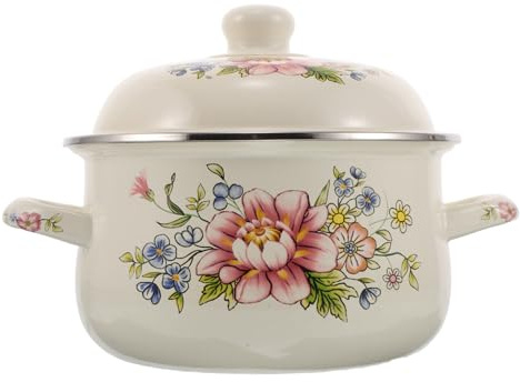 Vintage Emaille Kochtopf mit Deckel 2l für Herd und Servieren | Blumenmuster, Zwei Griffe, Leicht zu Reinigen, Robustes Kochgeschirr für Soßen und Raumduft