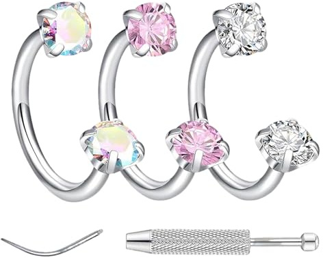 YUZHEDM 3 Piezas Piercing de Nariz Herradura Septum con Corazón Rosa de Zirconio para Mujer Adecuado para Perforaciones en El Labio, El Cartílago de La Oreja; Anillo Nasal a Presión Unisex (8mm)