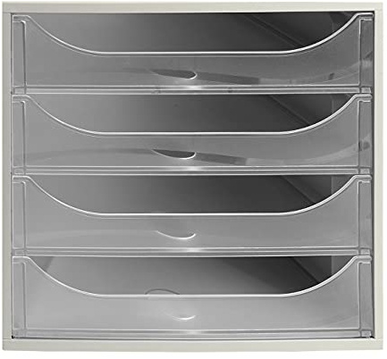 Exacompta 228323D Ablagebox Office mit 4 Schubladen für DIN A4+ Dokumente. Ecobox mit hoher Kapazität für mehr Platz auf dem Schreibtisch Big Box Grau|Kristall