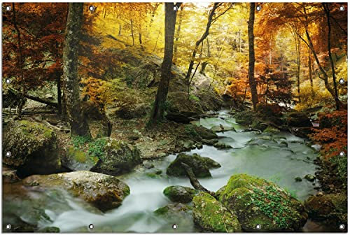 Wallario Outdoor-Poster für Garten oder Balkon Wasserfall mit moosbedeckten Steinen im Herbstwald, Motivbanner Größe: ca. 120 x 180 cm, Outdoor-Bild