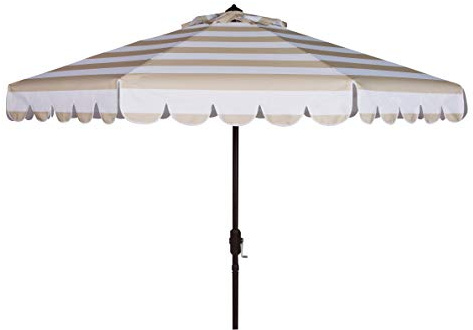 SAFAVIEH Outdoor - Vienna 9-Foot Crank Patio Umbrella - Beige & White Canopy - Brown Aluminum Pole - Single Scallop Trim Design - Ideal for Patio, Deck, Poolside, Backyard (PAT8011A)