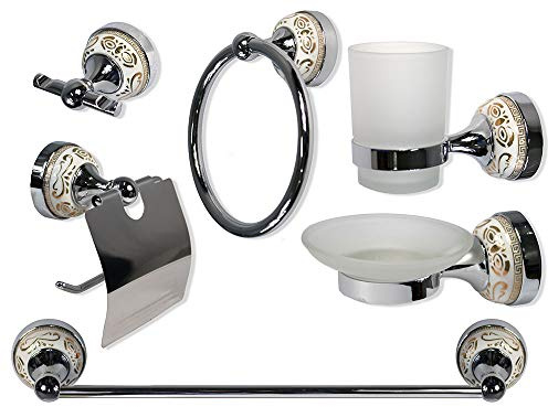 Vetrineinrete® Set da Bagno neoclassico in Ceramica Acciaio Cromato Vetro Satinato Opaco Decorazioni Oro 6 Pezzi Accessori arredo Bagno Porta saponetta spazzolini Asciugamano portarotolo A44