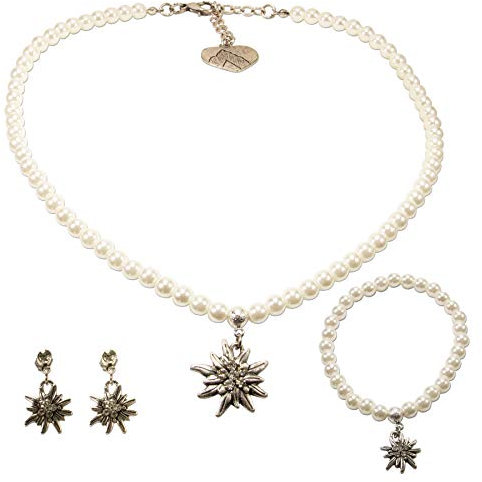 Alpenflüstern Trachtenschmuck-Set Perlen-Trachtenkette, Trachten-Armband und Trachten-Ohrhänger Strass-Edelweiss - Damen-Trachten-Schmuck, Trachtenset Kette, Armkette und Ohrringe Creme-weiß SET038
