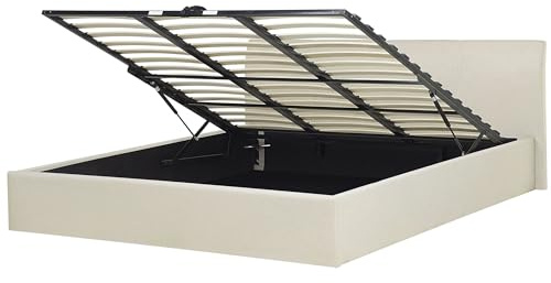 Beliani Polsterbett Leinenoptik beige mit Lattenrost 180x200 cm Bettkasten modern Orbey