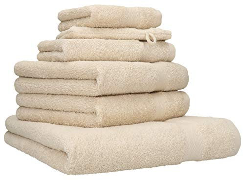 Betz 6-TLG. Handtuch-Set Premium 100% Baumwolle 1 Liegetuch 2 Handtücher 1 Gästetuch 1 Waschhandschuh 1 Seiftuch Farbe Sand