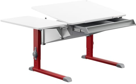 Moll Bandit Kinderschreibtisch höhenverstellbar | mitwachsend, ergonomisch & neigbar für aufrechtes Sitzen | ideal für Schulkinder | Schreibtisch weiß (Side Top & Schublade, Rot, 90cm x 70,5cm)