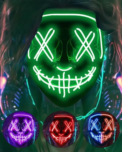 Masque d'Halloween à LED pour costume d'Halloween avec lumières effrayantes pour festival, fête, carnaval, Noël, cosplay, cadeau brillant dans le noir (vert)
