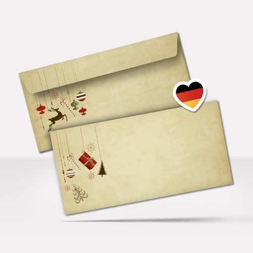 50 Briefumschläge Weihnachten | Vintage Braun Beige | Umschlag DIN lang | haftklebend ohne Fenster vollflächig bedruckt | hochwertige Premium Weihnachtsumschläge - 90 g/qm