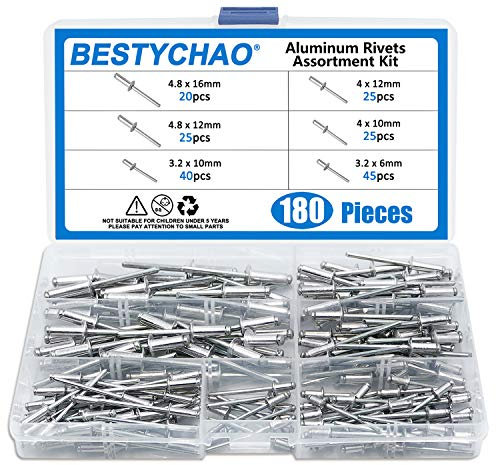 BESTYCHAO 180 pezzi 6 misure rivetti ciechi in alluminio, kit assortimento di rivetti pop (argento)