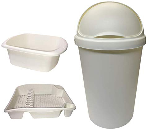 KetoPlastics Cream 3 Piece Kitchen Set - Kitchen Bin, Rectangle Bowl and Drainer