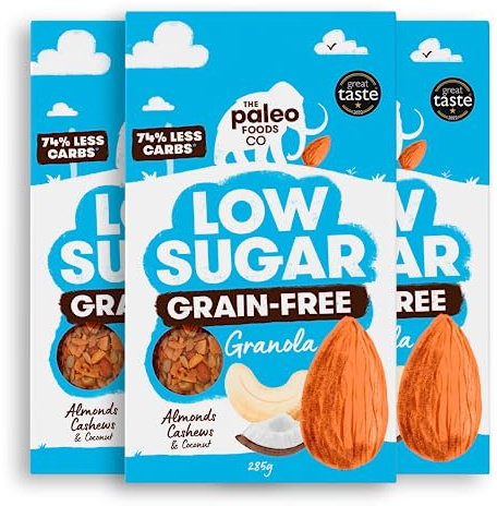 The Paleo Foods Co. Keto, No added sugar, Low Carb, Grain-Free Granola, Gluten Free, Diabetic Friendly, Vegan, Paleo, Healthy (Low Sugar, 3 x 285G Pack)