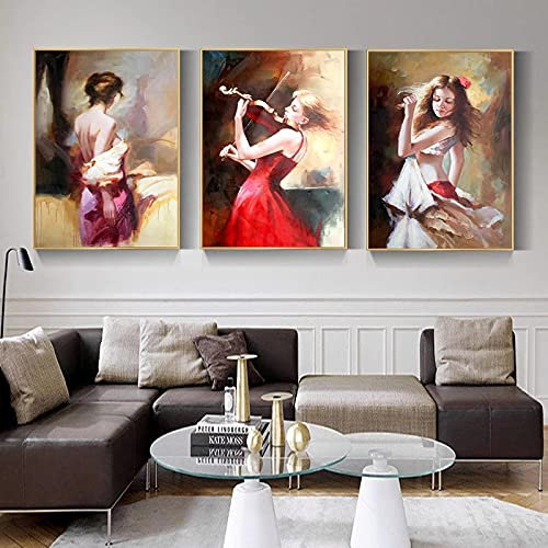 Mädchen spielt Geige Wohnkultur Leinwand Kunst Gemälde Romantische Tänzerin Leinwand Kunst Poster und Drucke Mädchen Bilder 40x60cm (16x24in) x3 Mit Rahmen