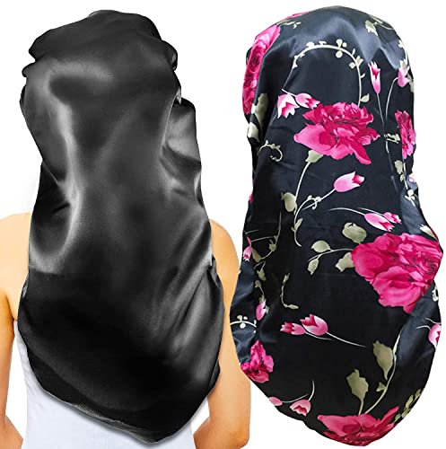 2Pcs Extra Large Braids Bonnets for Sleeping, Soft & Comfortable Elastic Band Bonnets for Women Night Sleep, Satin (Black+Red Pattern)