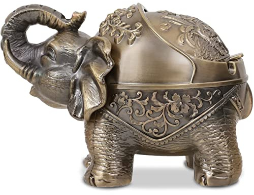 Gusnilo Elephant Outdoor Ashtray Metal Ashtray for Ashtray with Lid Ashtrays for Indoor Ashtray Decoration Ashtrays for Cigarettes Metal Gift for Men Women(Bronze)