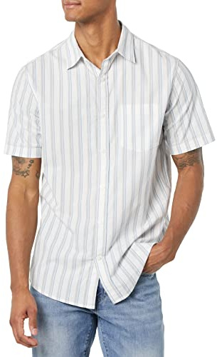 Amazon Essentials Camicia a Maniche Corte in Popeline Elasticizzato (Disponibile in Taglie Extra Forti) Uomo, Blu Grigio Bianco Righe, 3XL Plus